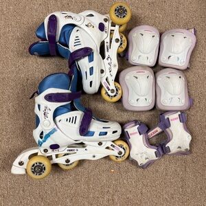 Adjustable White and Purple Roller Skates with Protective Gear